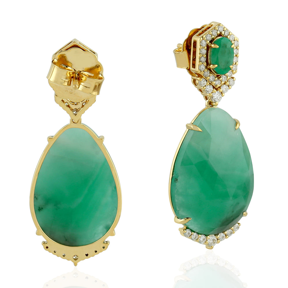 Natural Faceted Emerald Diamond Drop Danglers In 18k Yellow Gold For Women