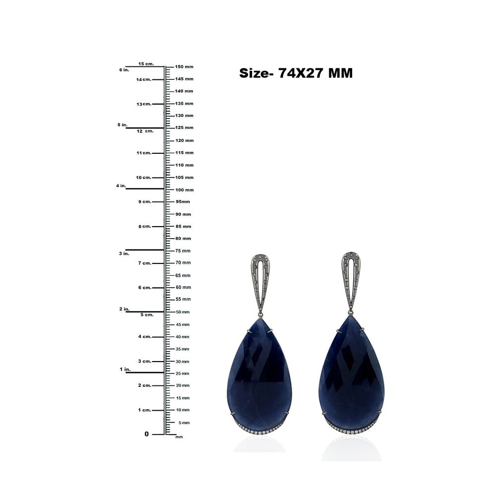 Blue Sapphire Bezel Diamond Drop/Dangle Earrings In 18k White Gold