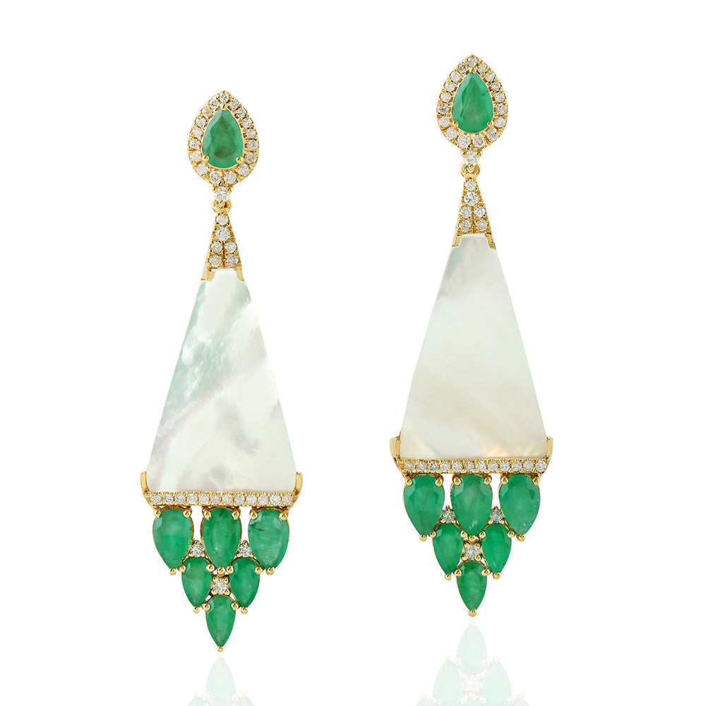 Mother-of-Pearl & Emerald Pave Diamond Drop Earrings in 18K Yellow Gold
