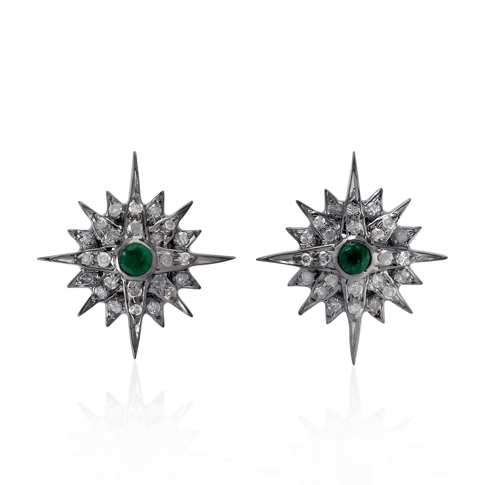 Bezel Set Natural Emerald & Diamond Star Earrings 18K Yellow Gold 925 Silver