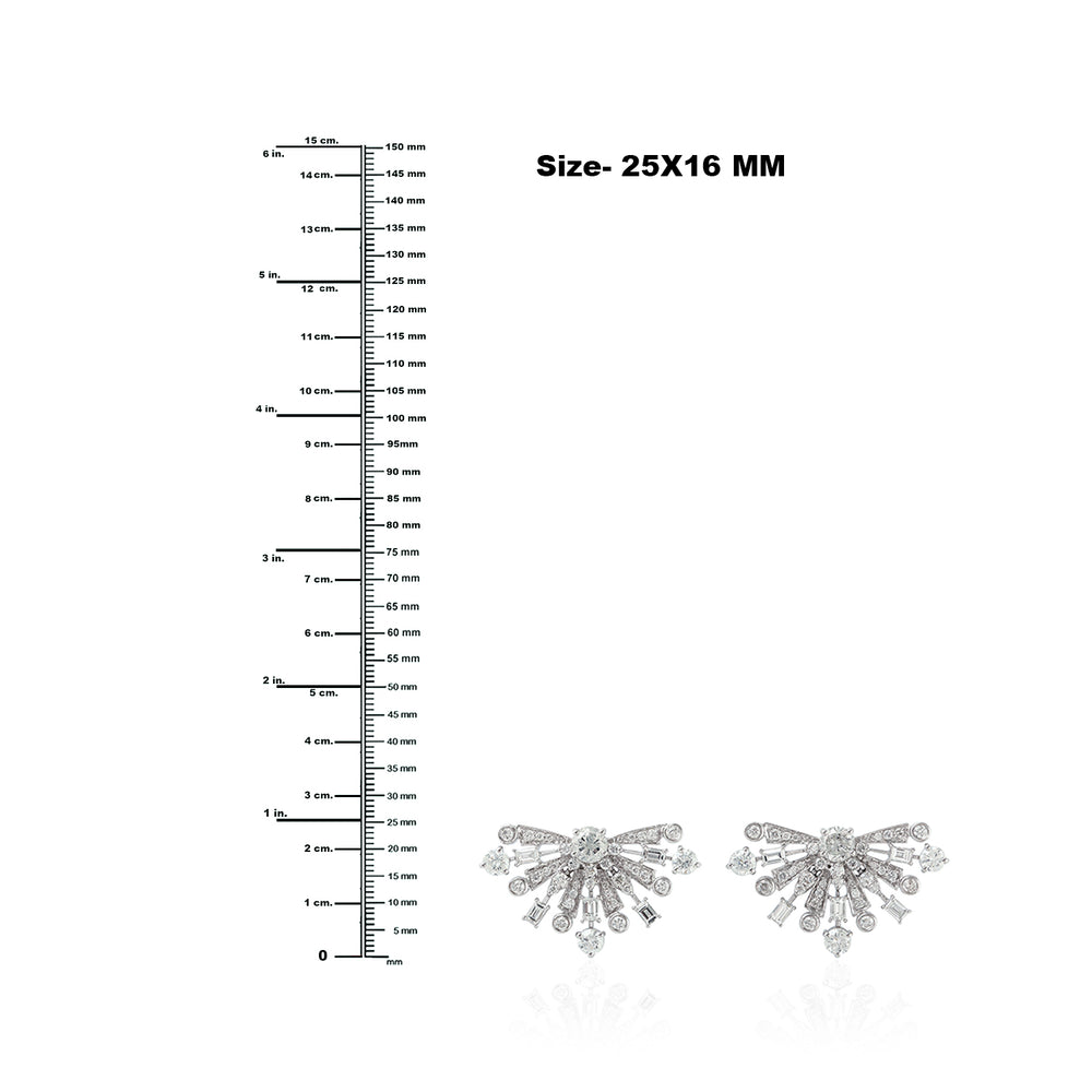 Baguette Diamond Half Sunburst Design Stud Earrings in White Gold