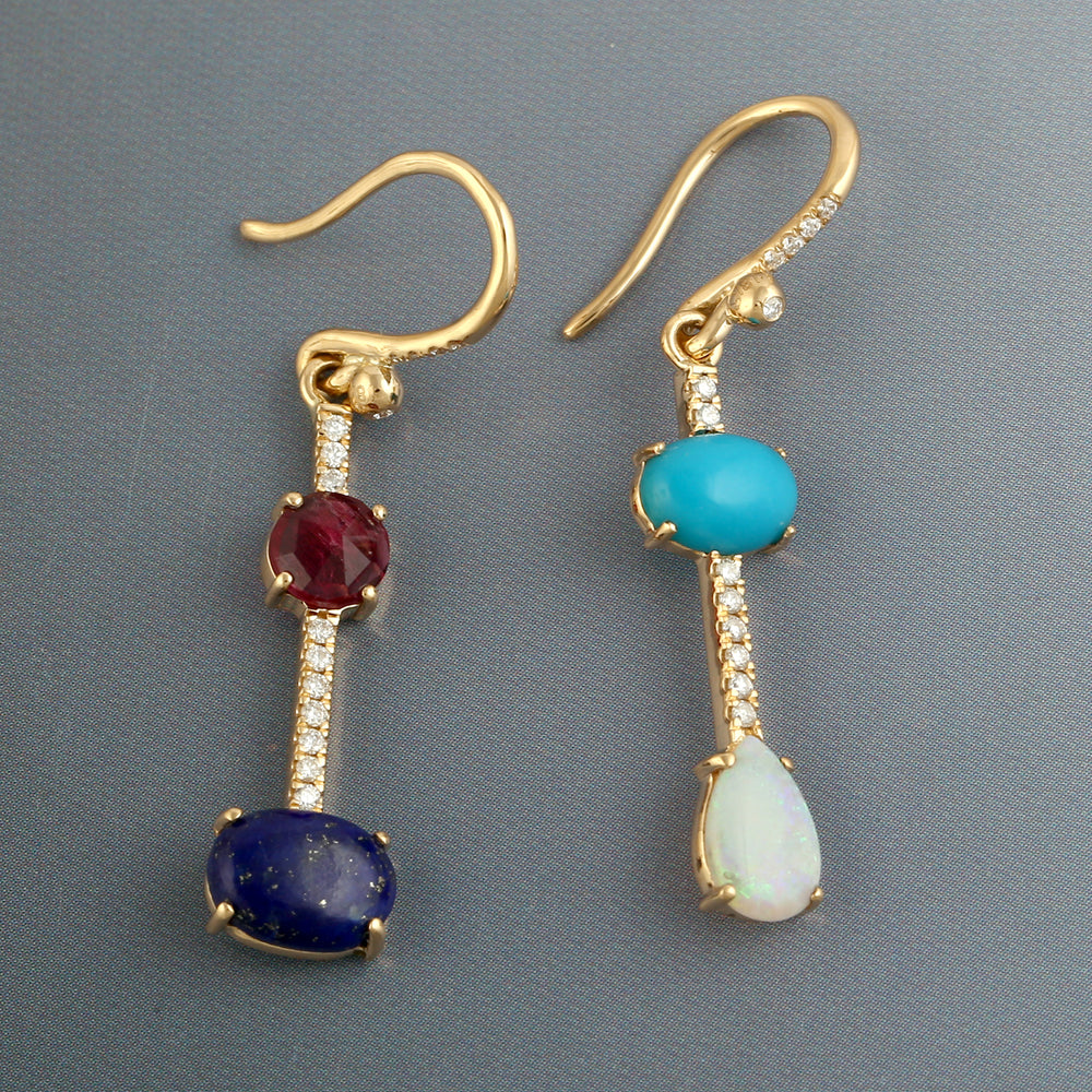 18k Yellow Gold Lapis Turmaline Opal Ethopian Daimond Dangle Earrings Women's Jewelry