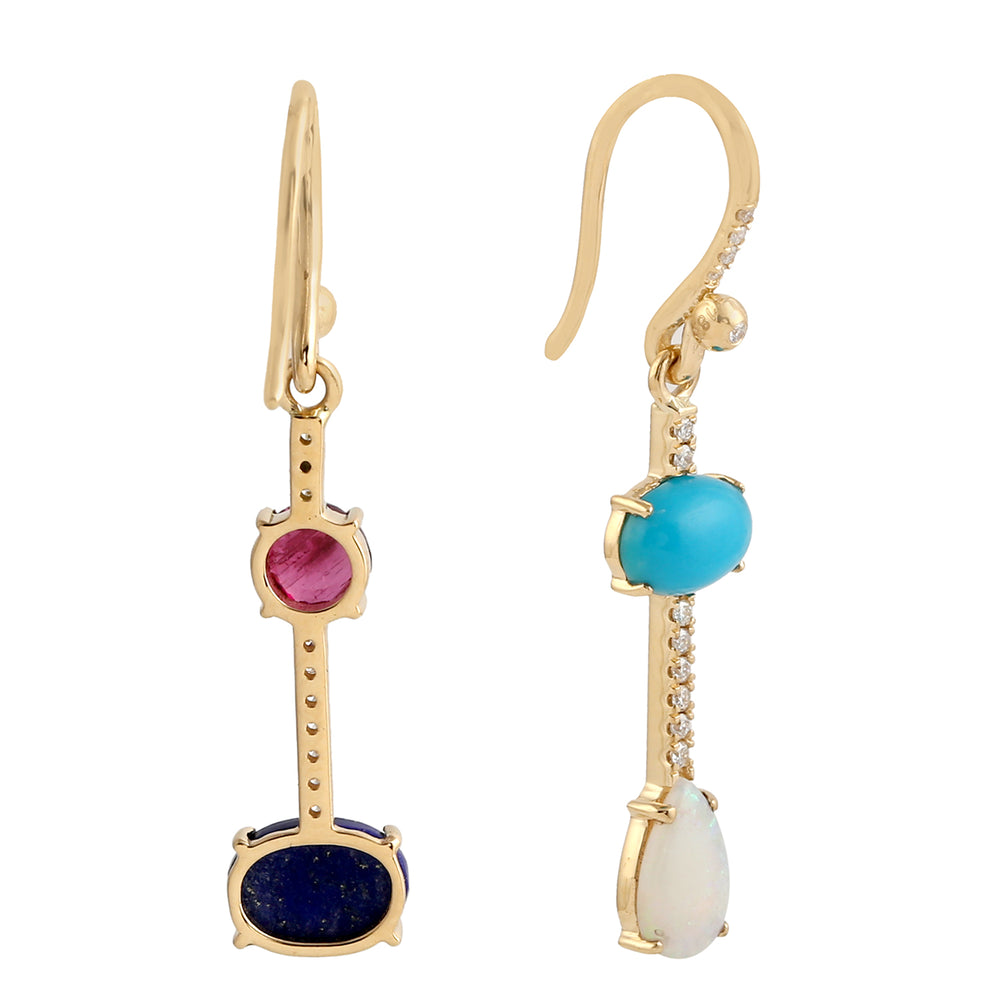 18k Yellow Gold Lapis Tourmaline Opal Ethiopian Pave Diamond Ear Hook Earrings