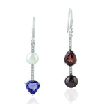 Natural Tourmaline Tanzanite Pearl Diamond Mismatch Danglers In 18k gold