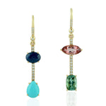 Natural Tourmaline Turquoise Sapphire Diamond Mismatch Danglers in 18k Yellow Gold