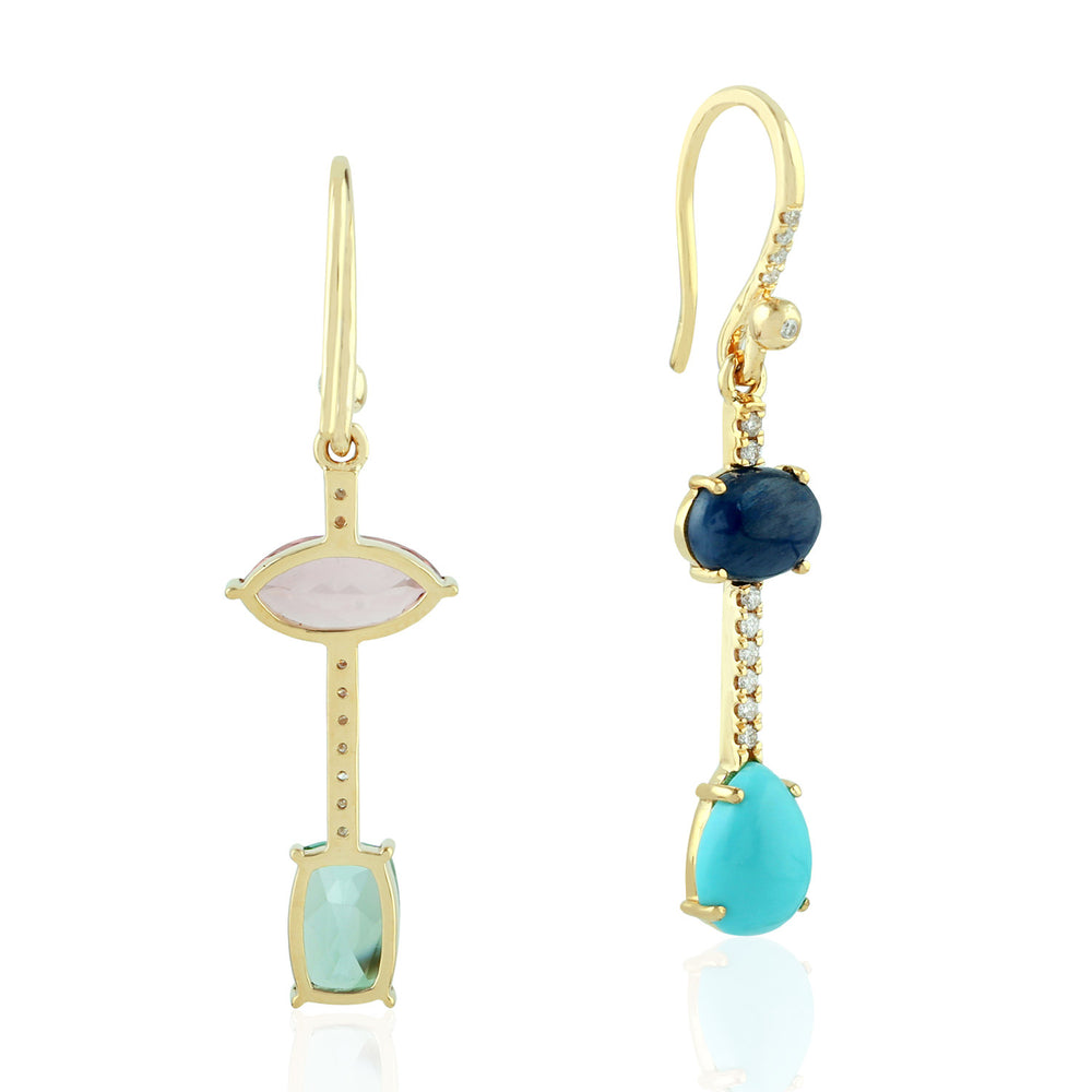 Natural Tourmaline Turquoise Sapphire Diamond Mismatch Danglers in 18k Yellow Gold