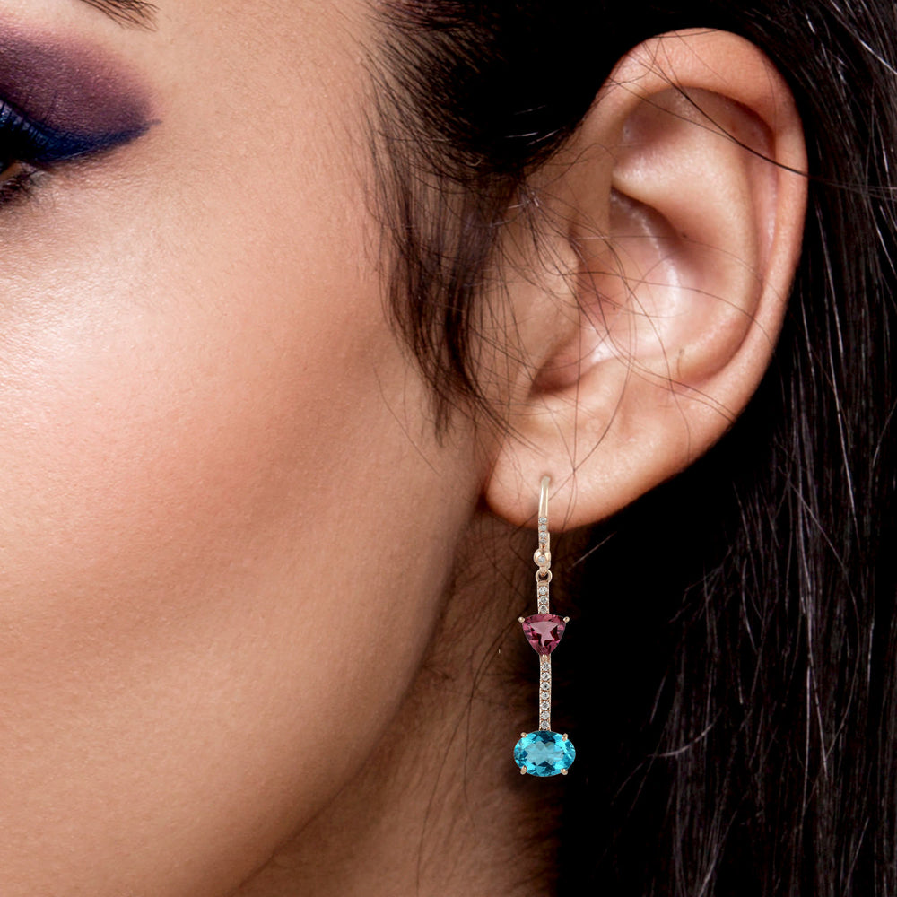 Blue Sapphire Tourmaline  Apetite Mismatch Danglers In 18k Rose Gold For Her