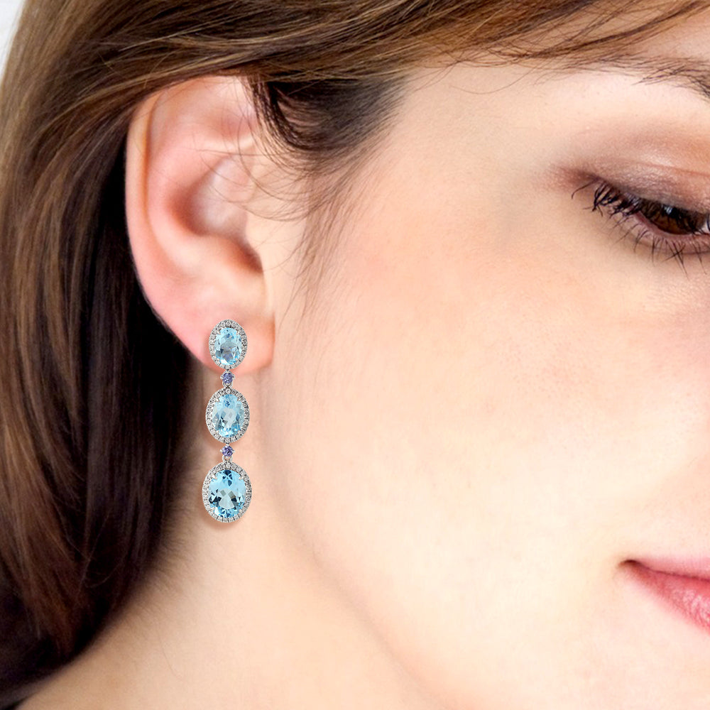 Oval Blue Topaz Prong Tanzanite Pave Diamond Beautiful Dangler In White Gold