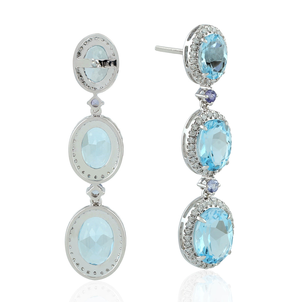 Oval Blue Topaz Prong Tanzanite Pave Diamond Beautiful Dangler In White Gold