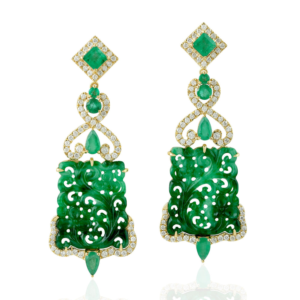 Handcarved Filigree Jade Emerald Diamond Beautiful Danglers In 18k Yellow Gold For Women