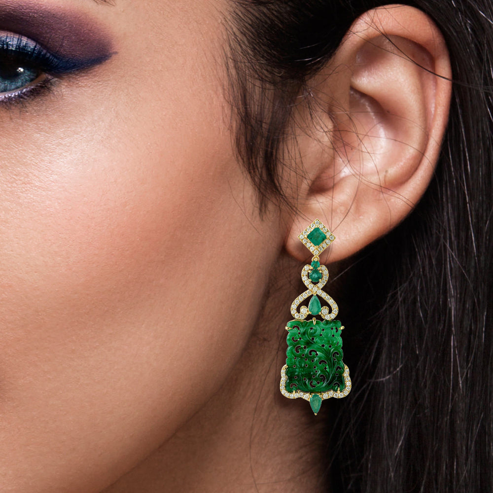 Handcarved Filigree Jade Emerald Diamond Beautiful Danglers In 18k Yellow Gold For Women