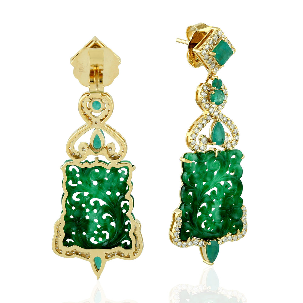 Handcarved Filigree Jade Emerald Diamond Beautiful Danglers In 18k Yellow Gold For Women