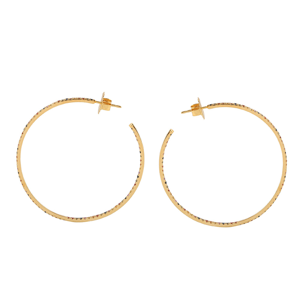 Pave Multi Sapphire Gemstone Long Hoop Earrings In Yellow Gold