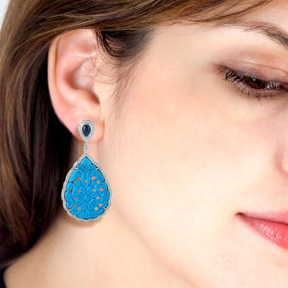 Carved Turquoise Teardrop Sapphire Diamond Halo Drop Earrings in White Gold Silver