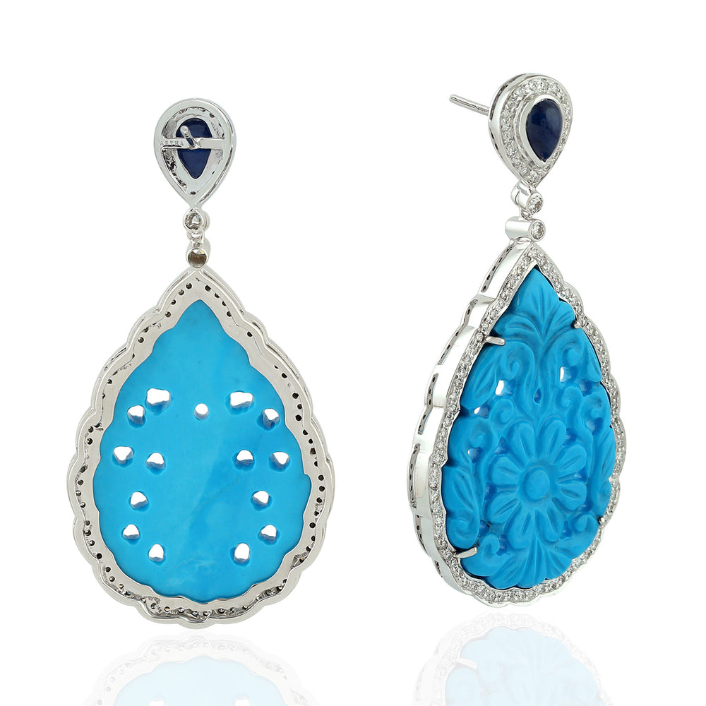 Carved Turquoise Teardrop Sapphire Diamond Halo Drop Earrings in White Gold Silver