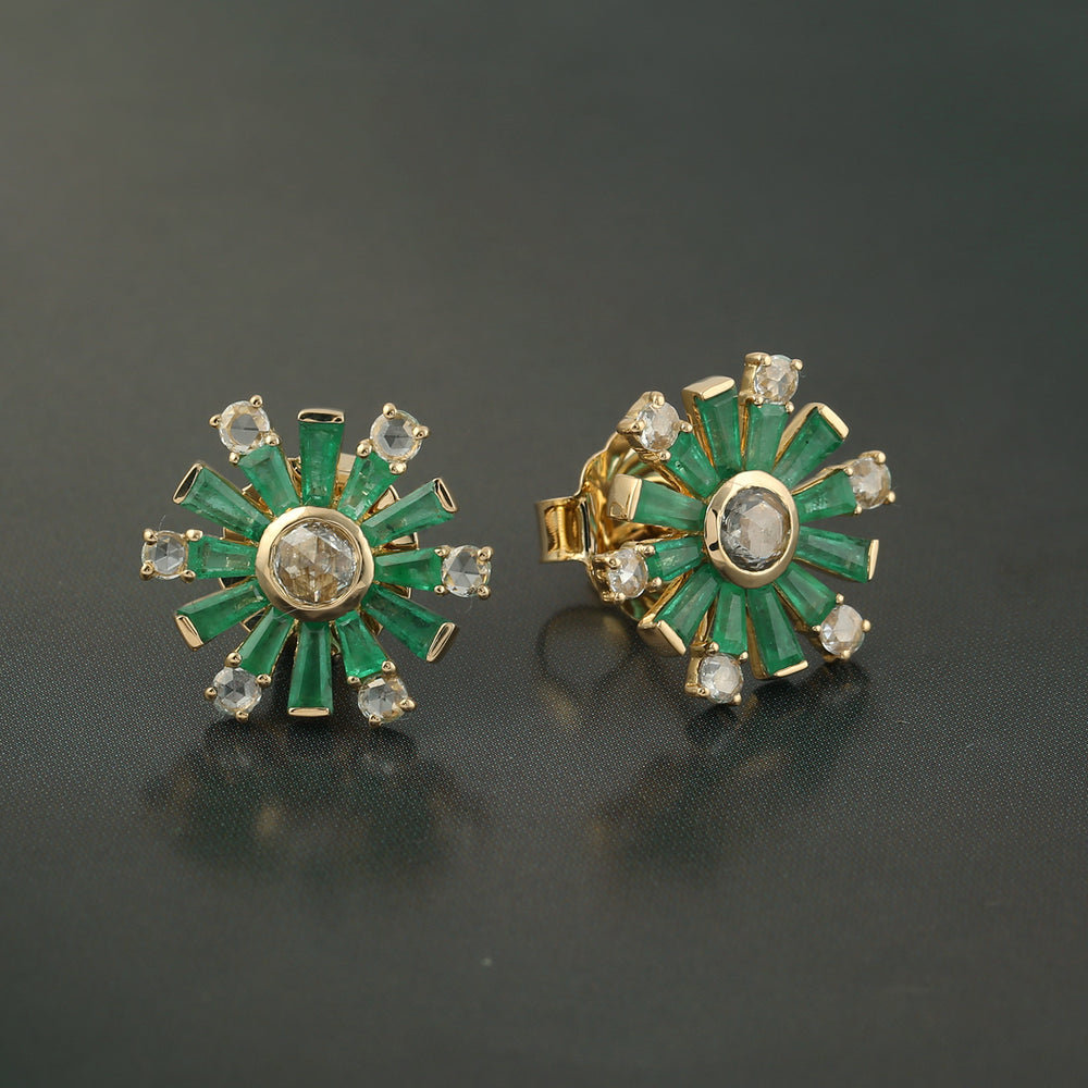 Baguette Cut Emerald Rose Cut Diamond Stud Earrings In Yellow Gold
