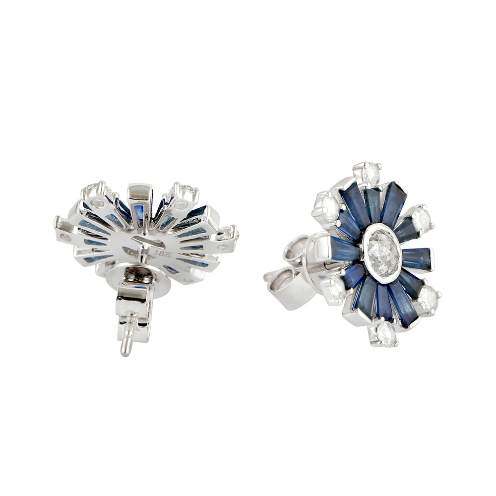 Tapered Baguette Sapphire Diamond Sun Burst Design Stud Earrings In 18k White Gold