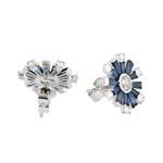 Tapered Baguette Sapphire Diamond Sun Burst Design Stud Earrings In 18k White Gold