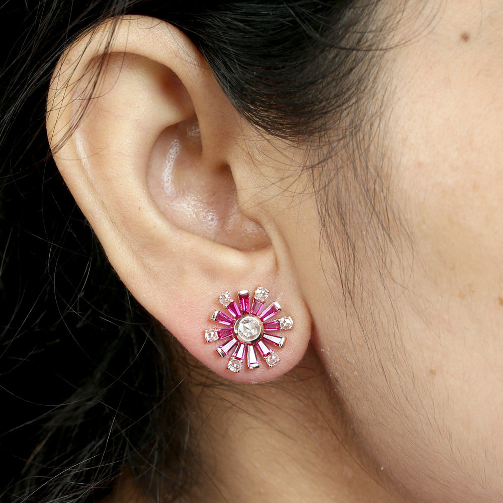 Baguette Cut Ruby Rose Cut Diamond Stud Earrings In 18K Rose Gold