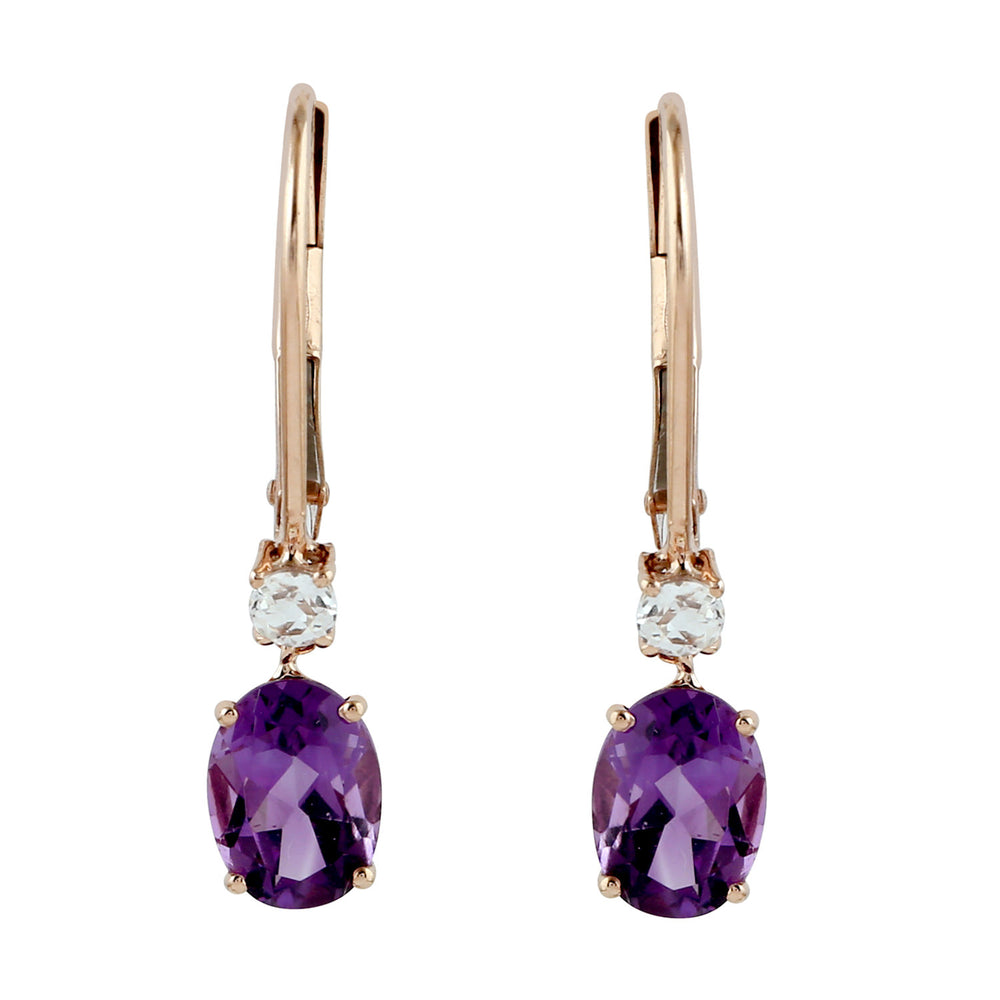 14K Rose Gold Oval Cut Amethyst Prong Topaz Dangle Lever Back Earrings