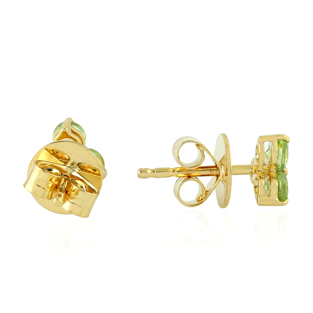 Round Peridot August Birthstone Three Stone Stud Earrings In 14K Yellow Gold