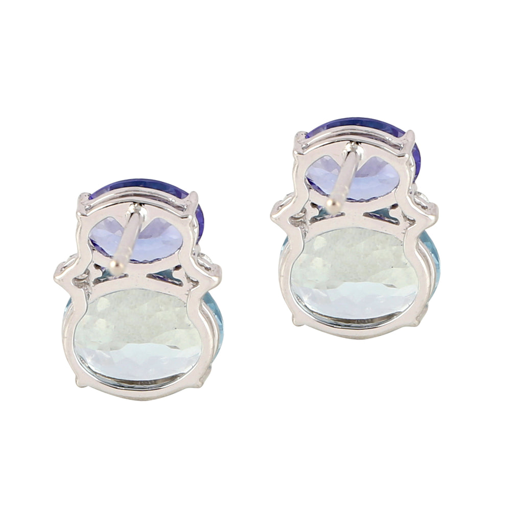 Aquamarine Oval Tanzanite Gemstone Prong Diamond In White Gold Stud Earrings