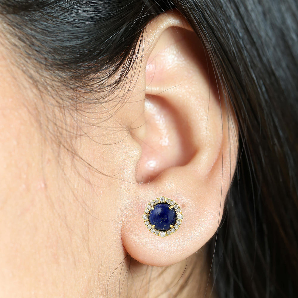 Prong Set Lapis Diamond Round Stud Ear Jewelry In 18k Yellow Gold