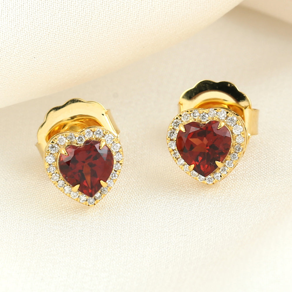 Rhodolite Garnet Gemstone Pave Diamond Heart Earrings In 14k Yellow Gold