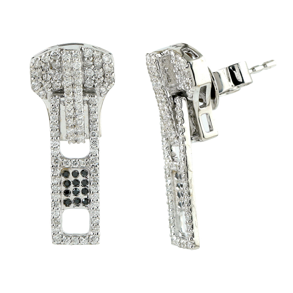 18K White Gold Zip Design Earrings Pave Natural Black White Diamond Jewelry For Women's