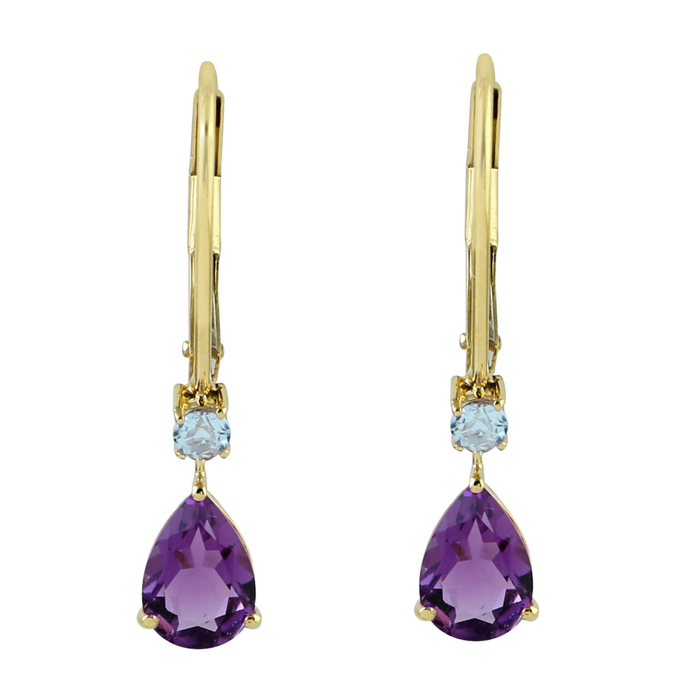 Pear Cut Amethyst Prong Blue Topaz Lever Back Earrings In 10K Yellow Gold