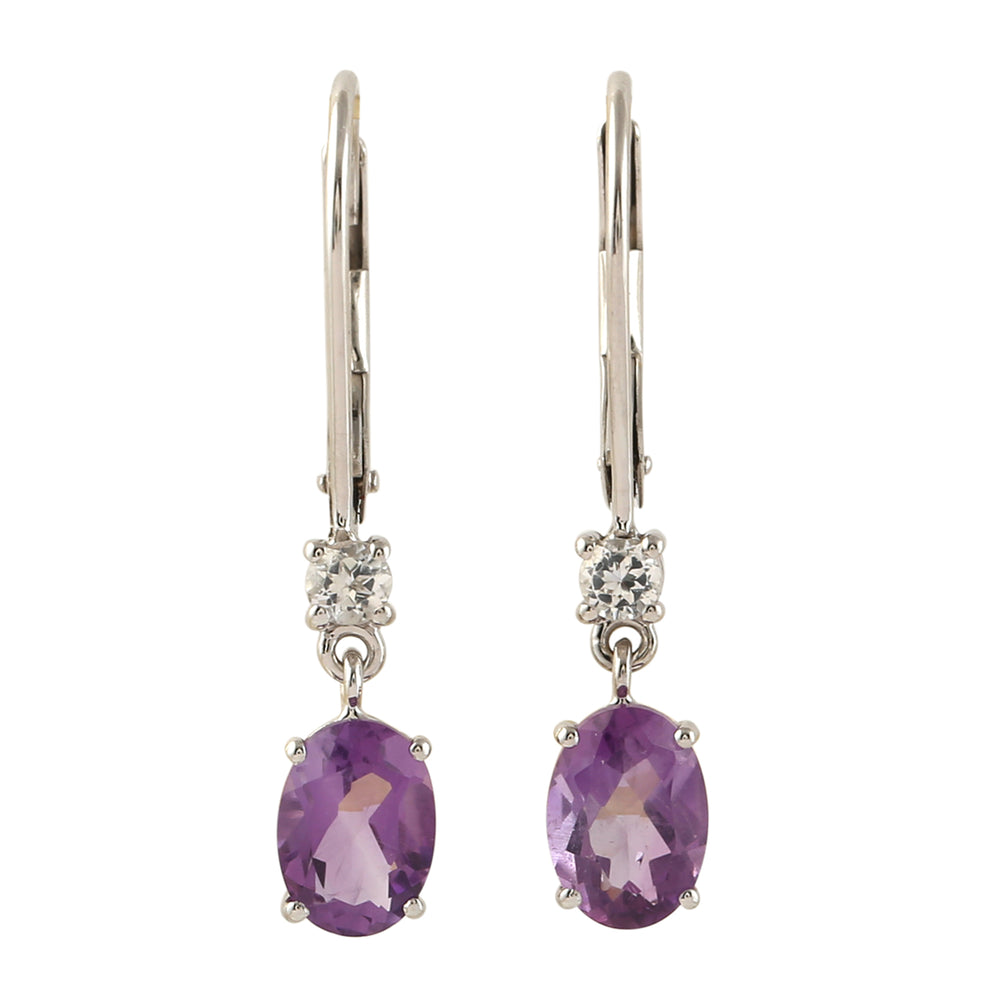 Oval Cut Amethyst Prong Cut White Topaz Lever Back Dangler In 14K White Gold