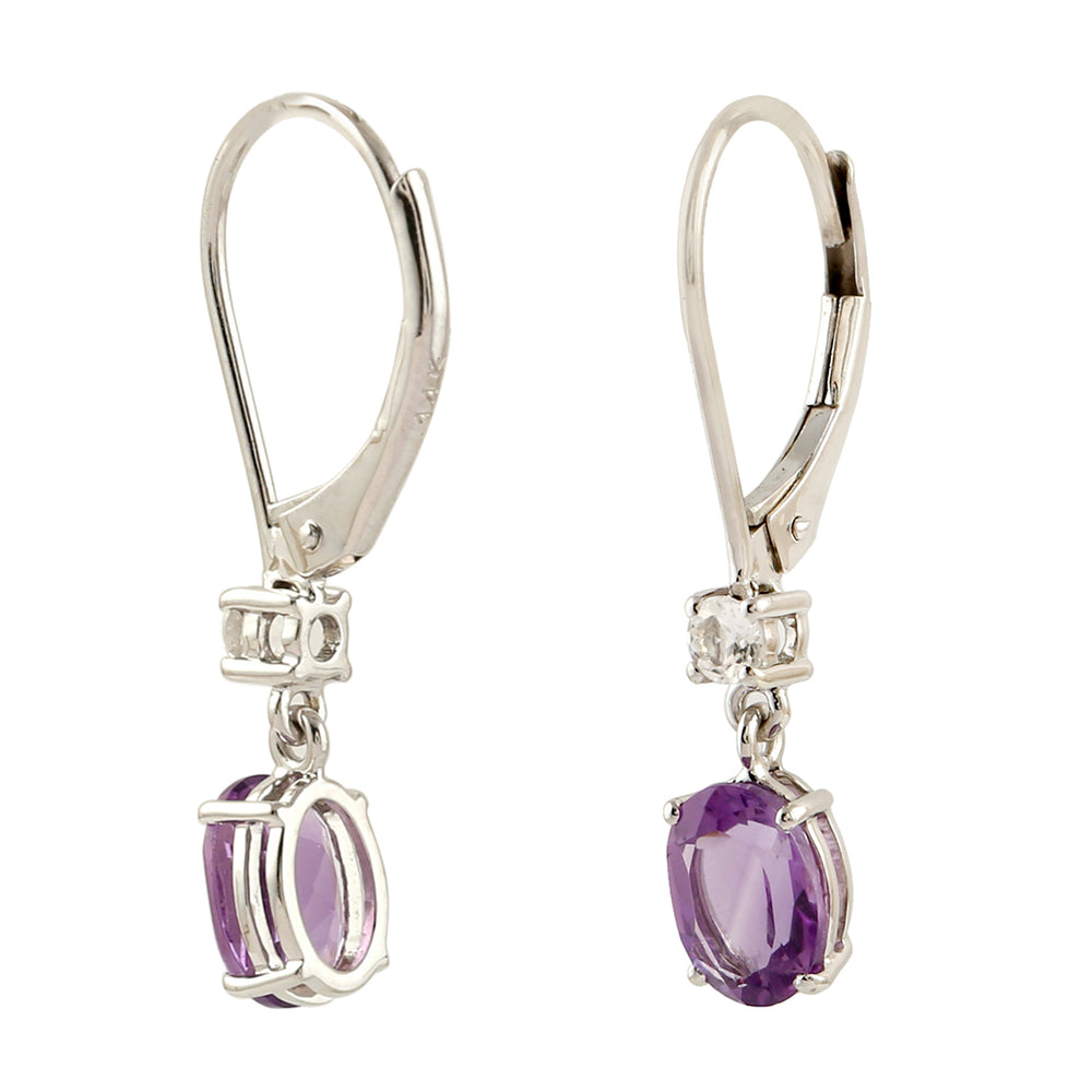Oval Cut Amethyst Prong Cut White Topaz Lever Back Dangler In 14K White Gold