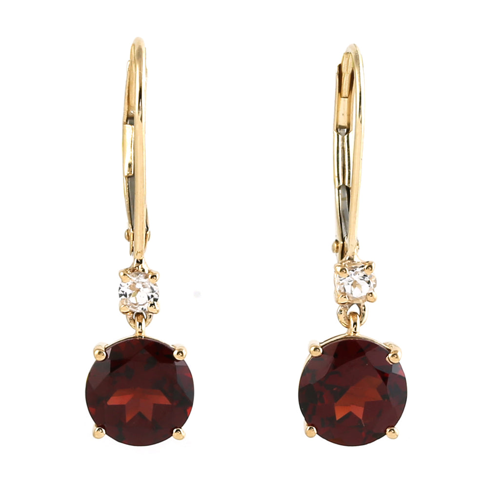 18K Yellow Gold Lever Back Earrings with Garnet & White Topaz