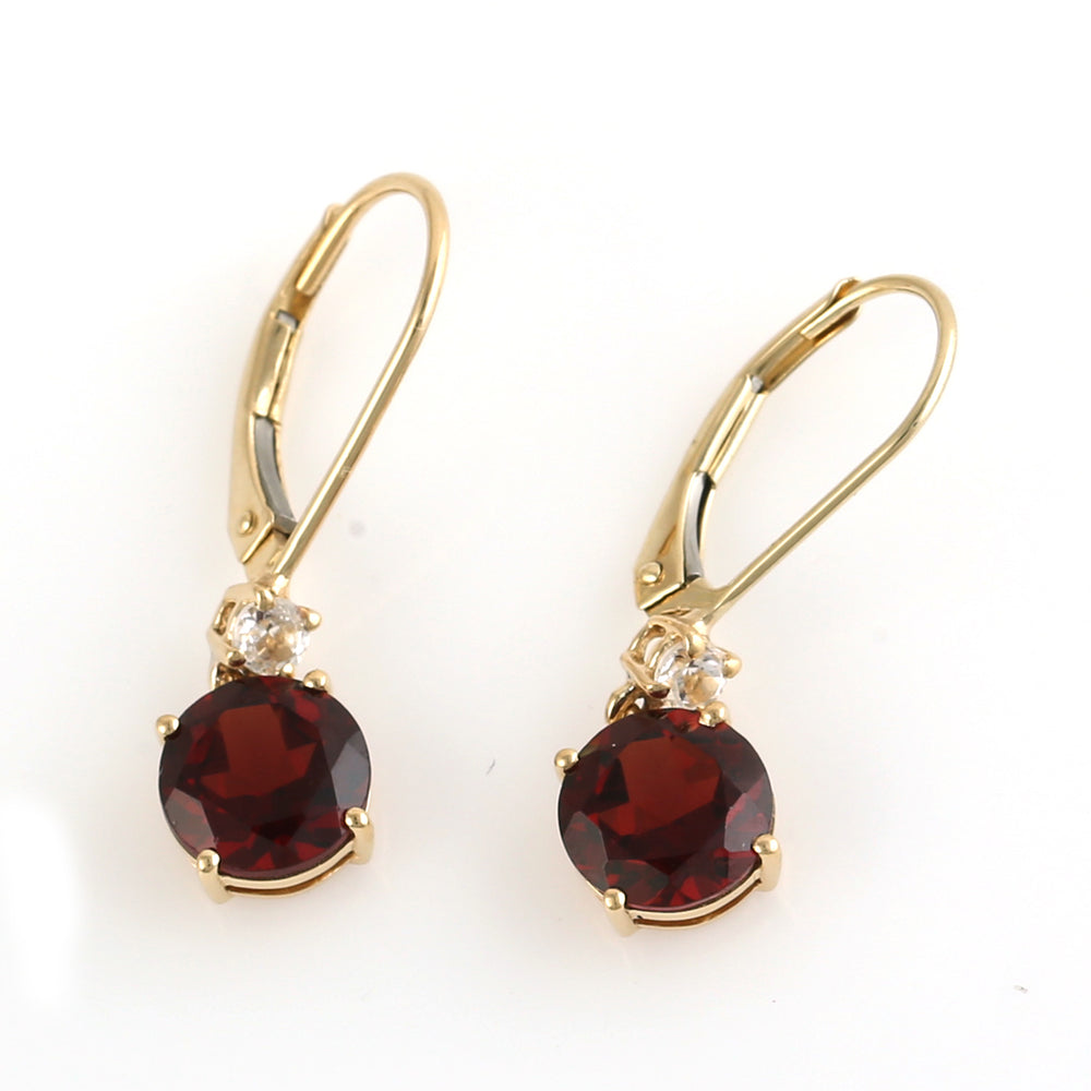18K Yellow Gold Lever Back Earrings with Garnet & White Topaz