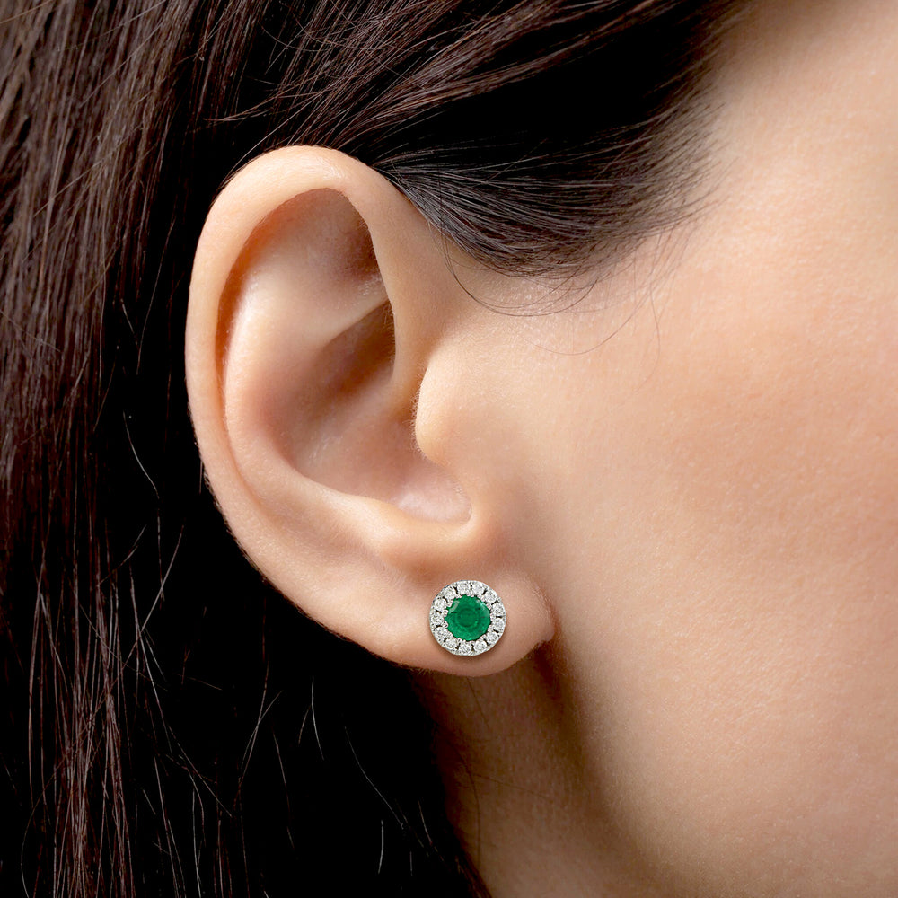 18K White Gold Round Emerald Halo Diamond Stud Earrings For Women's