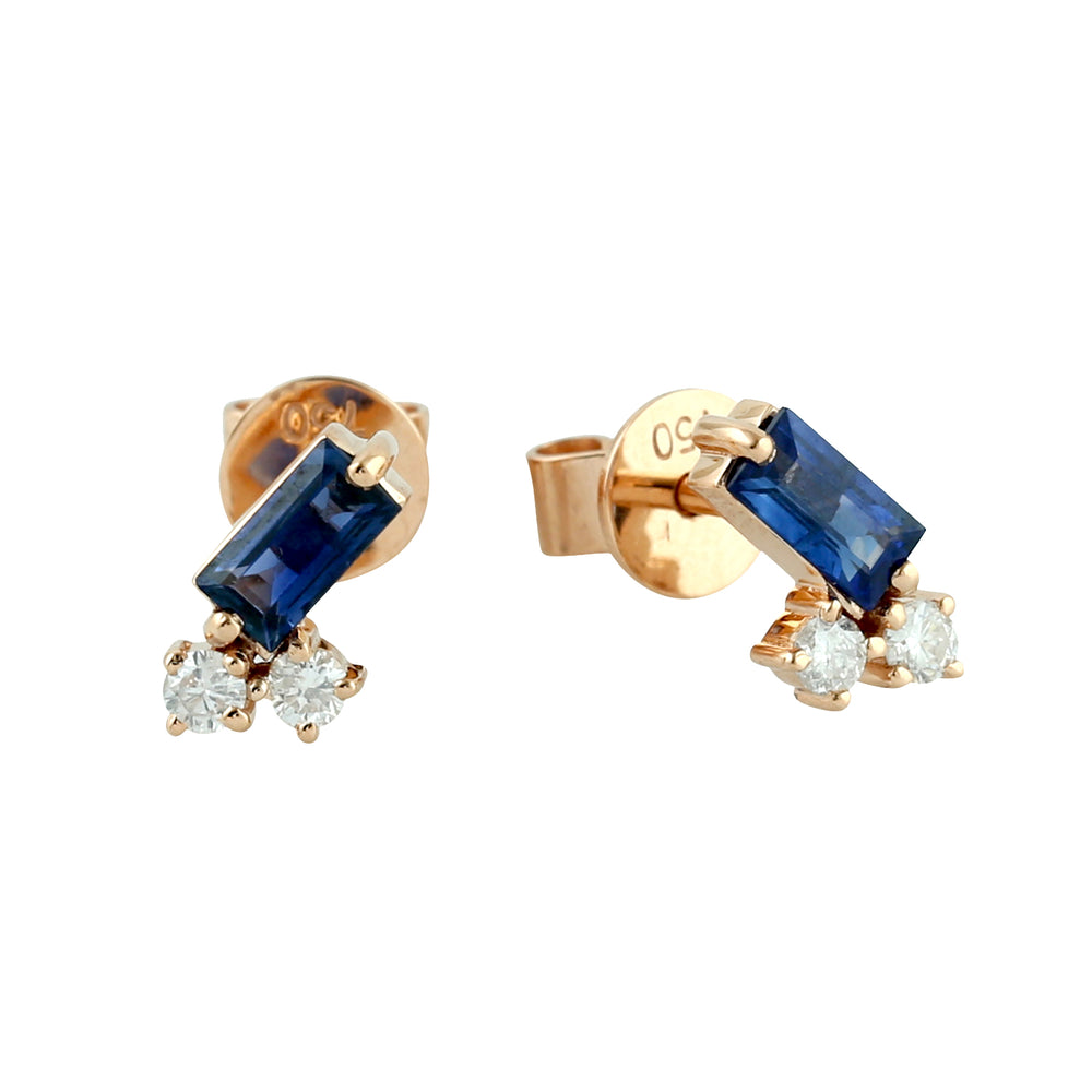 18K Rose Gold Natural Baguette Blue Sapphire Prong Diamond Stud Jewelry For Gifts