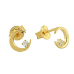 Natural Topaz Crescent Moon Design Gold Plated Silver Stud Earrings