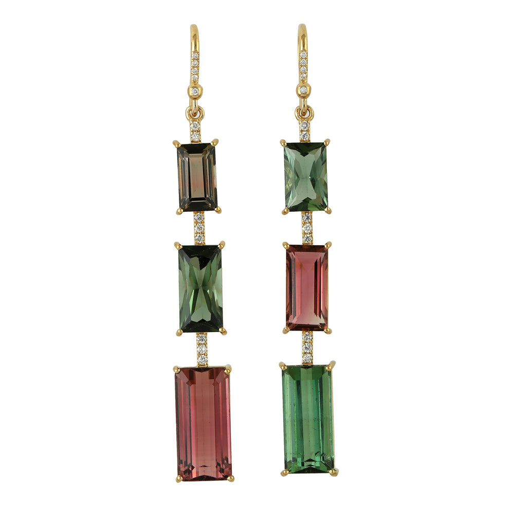 Baguette Cut Multi Tourmaline Pave Diamond Ear Hook Earrings In 18K Yellow Gold