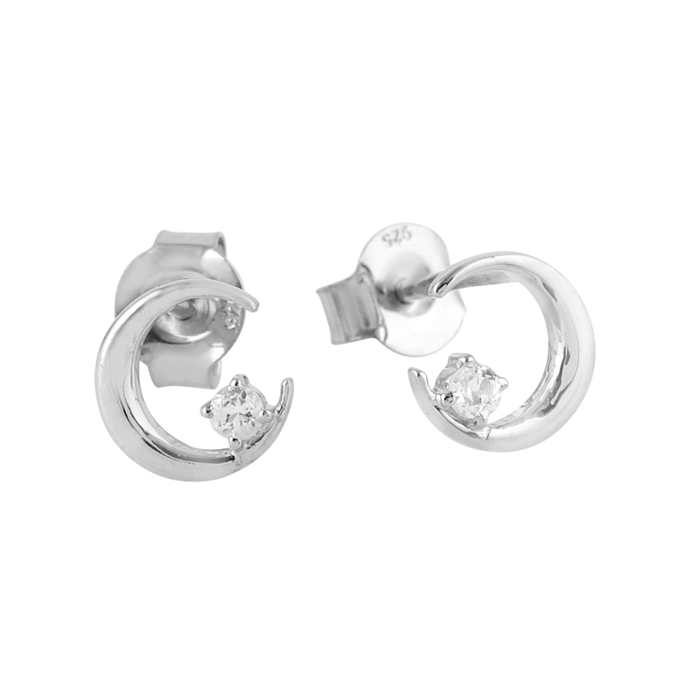 Topaz Stone Crescent Moon Design Minimal Design Stud Silver Ear Jewelry