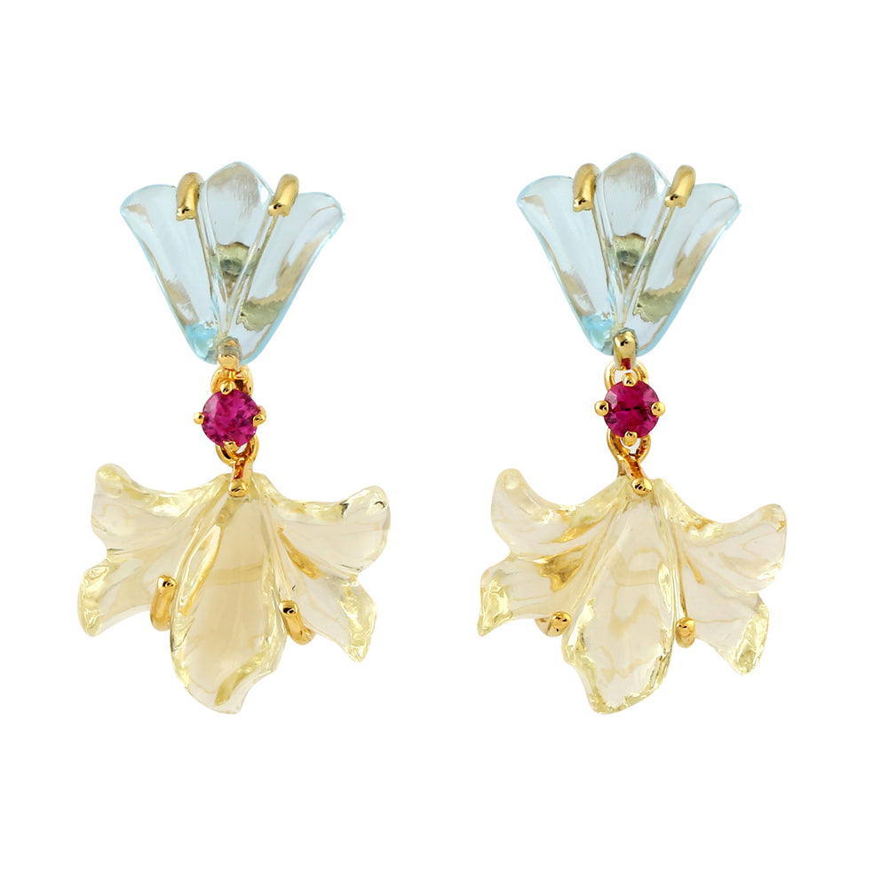 Handcarved Floral Quartz Topaz Ruby Beautiful Danglers For Women 18k Gold