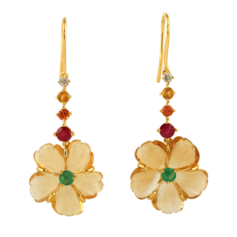 Natural Carved Citrine Ruby Emerald Hook Danglers In 18k Yellow Gold For Her