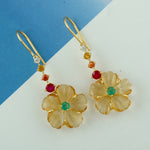 Natural Carved Citrine Ruby Emerald Hook Danglers In 18k Yellow Gold For Her