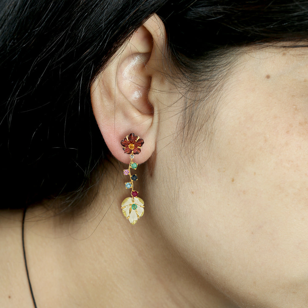 Hand Carved Multiple Gemstone Floral Danglers In 18k Yellow Gold For Women