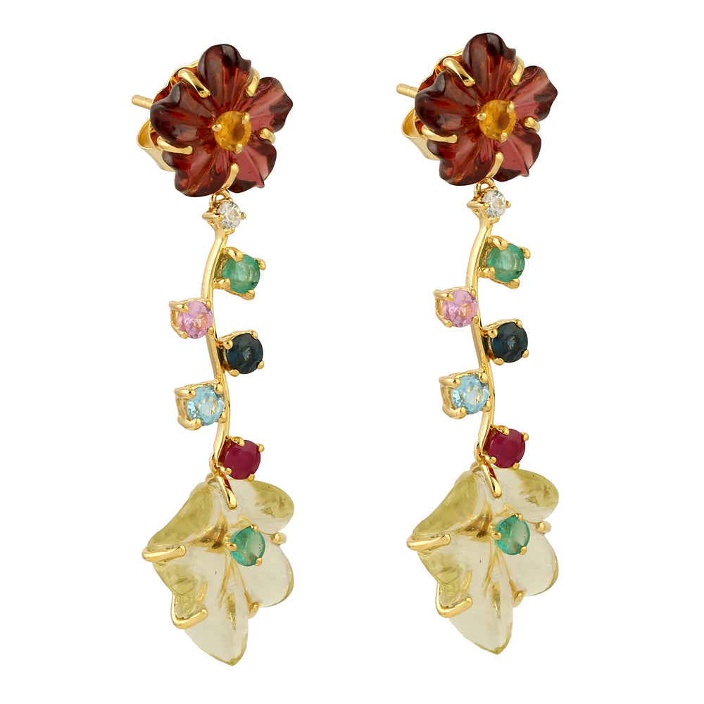 Hand Carved Multiple Gemstone Floral Danglers In 18k Yellow Gold For Women