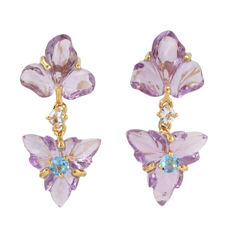 Carved Amethyst Prong Blue Topaz Sapphire Dangler In Yellow Gold