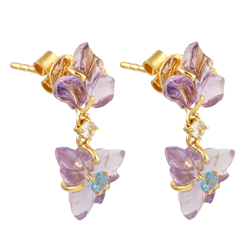 Carved Amethyst Prong Blue Topaz Sapphire Dangler In Yellow Gold