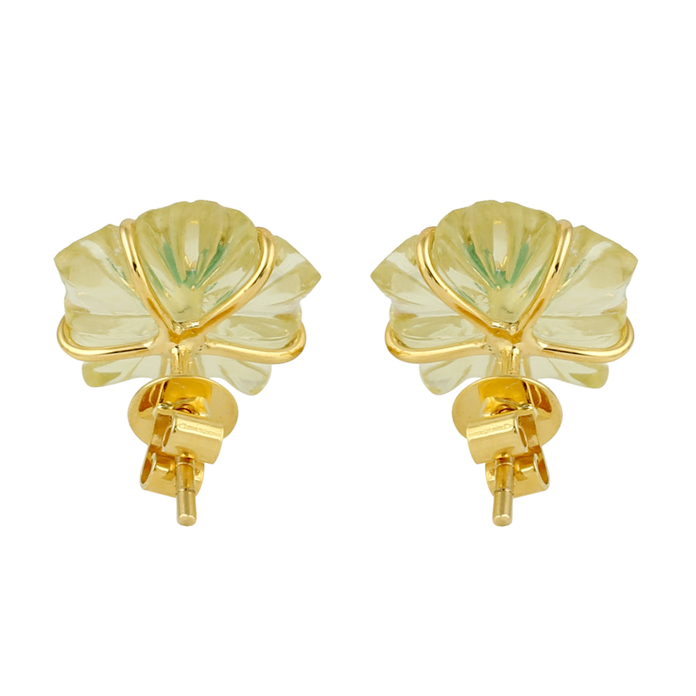 18K Yellow Gold Carving Lemon Quartz Prong Emerald Flower Earrings Jewelry