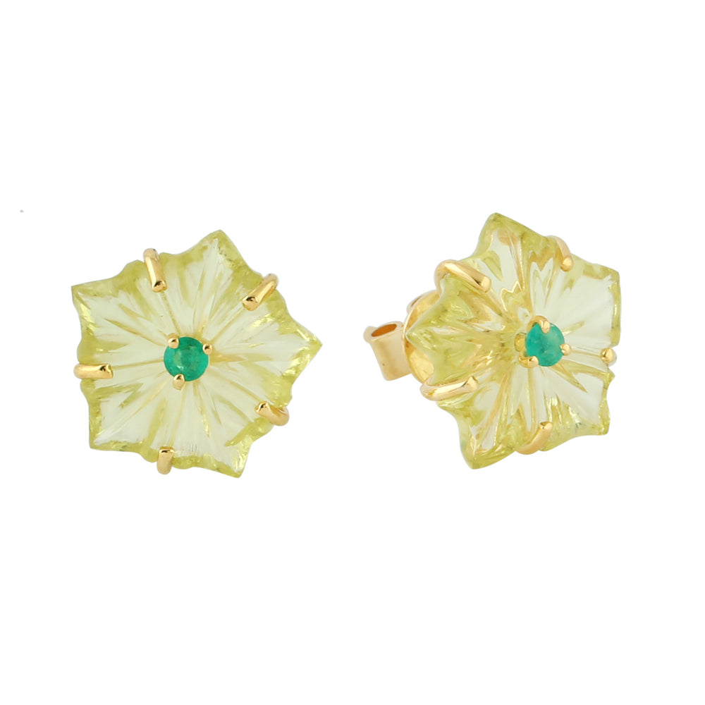 Carved Lemon Quartz Prong Emerald Gemstone In 18K Yellow Gold Floral Earrings