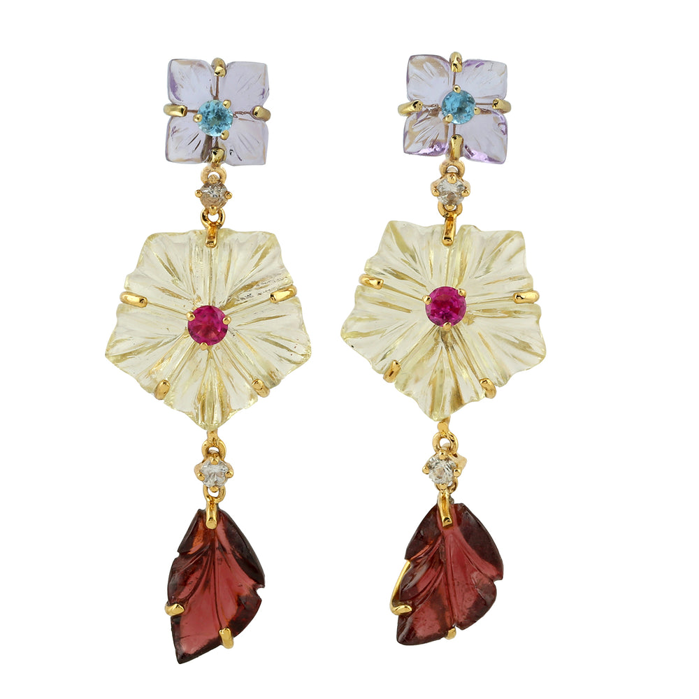Carved Floral & Leaf Gemstone Drop Earrings in 18K Yellow Gold