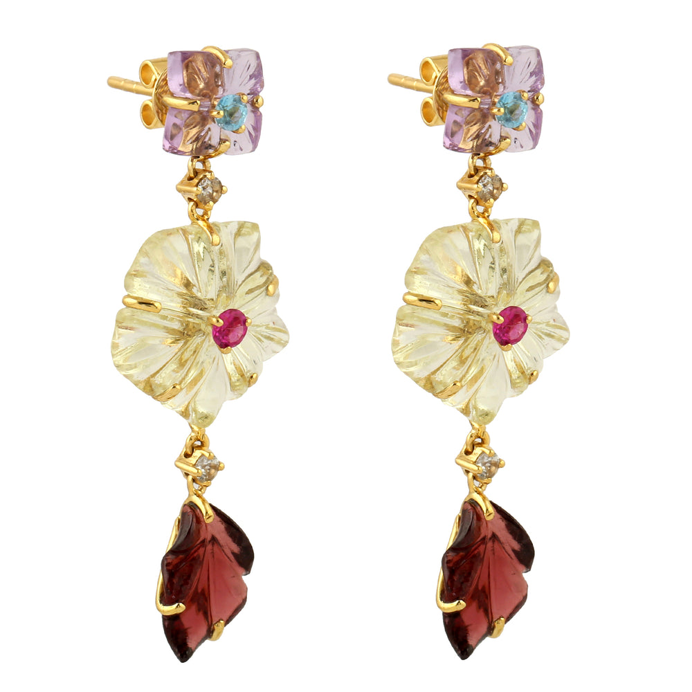 Carved Floral & Leaf Gemstone Drop Earrings in 18K Yellow Gold